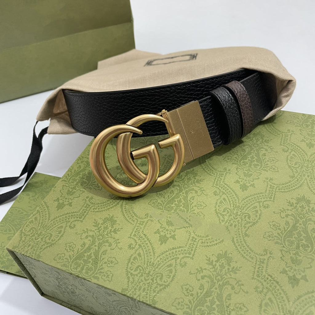 DOUBLE G GOLD BUCKLE 38MM BLACK BROWN LEATHER