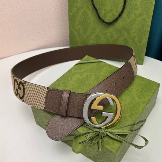 INTERLOCKING G GOLD GREY BUCKLE 40MM BEIGE CANVAS
