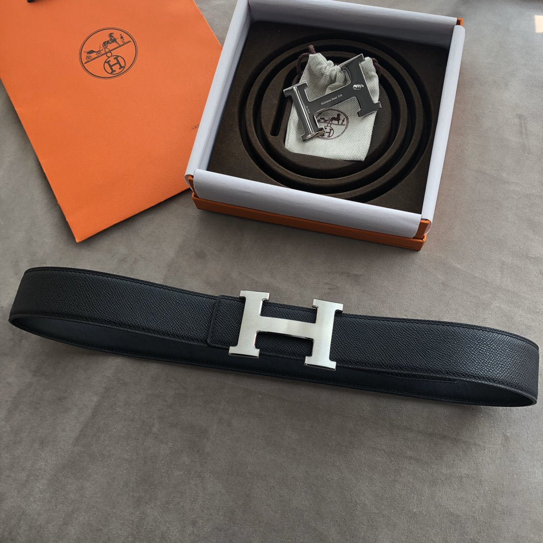 H CONTANCE BELT 38MM SILVER BUCKLE DARK BLUE LEATHER