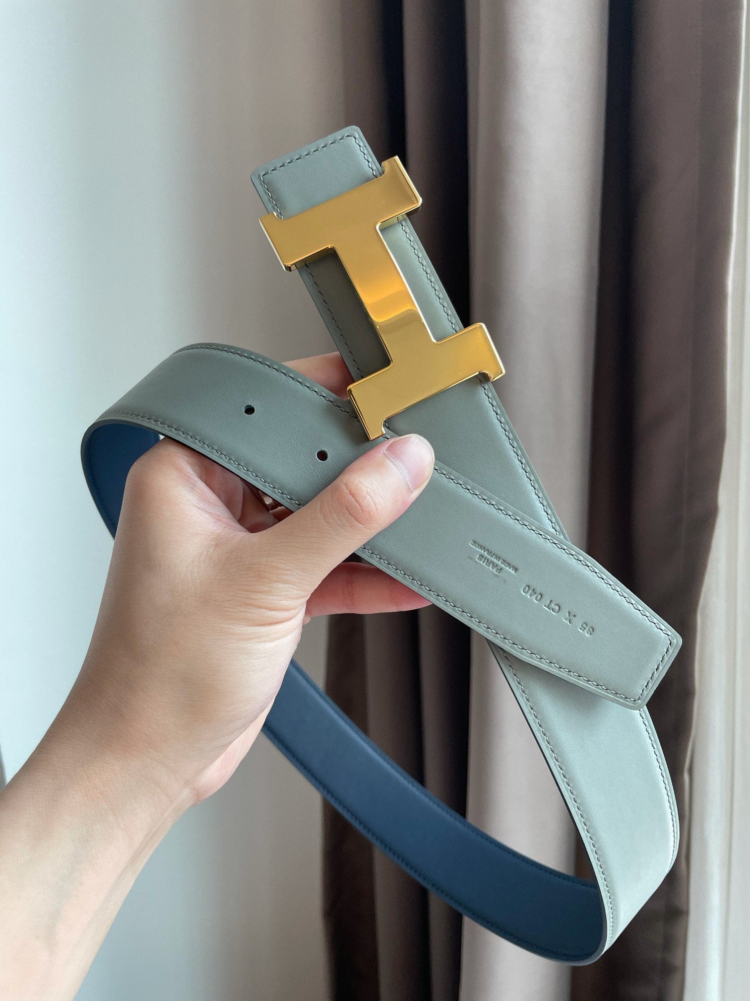 H CONSTANCE BELT 38MM GOLD BUCKLE PRUSSIAN BLUE SKY BLUE LEATHER