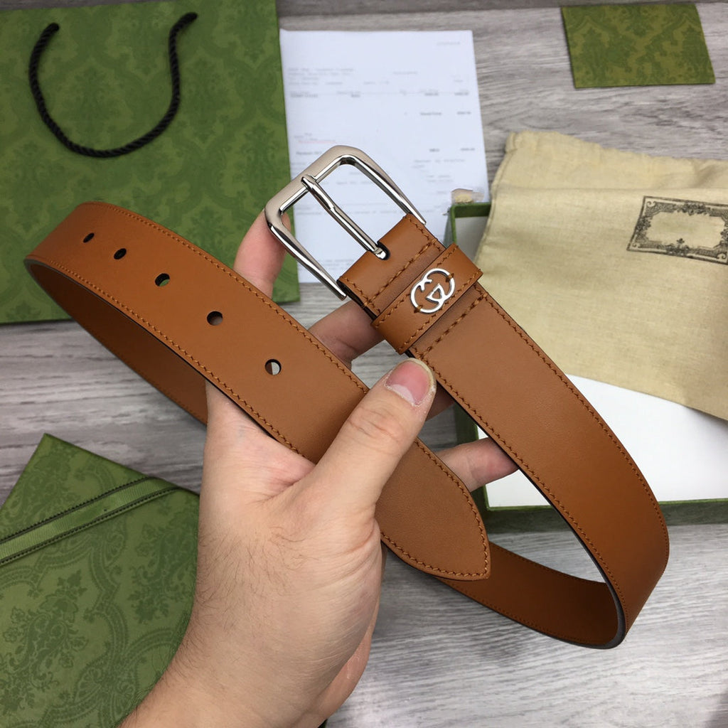 G BELT SILVER SQUARE INSTALL BUCKLE BROWN LEATHER 3.5CM
