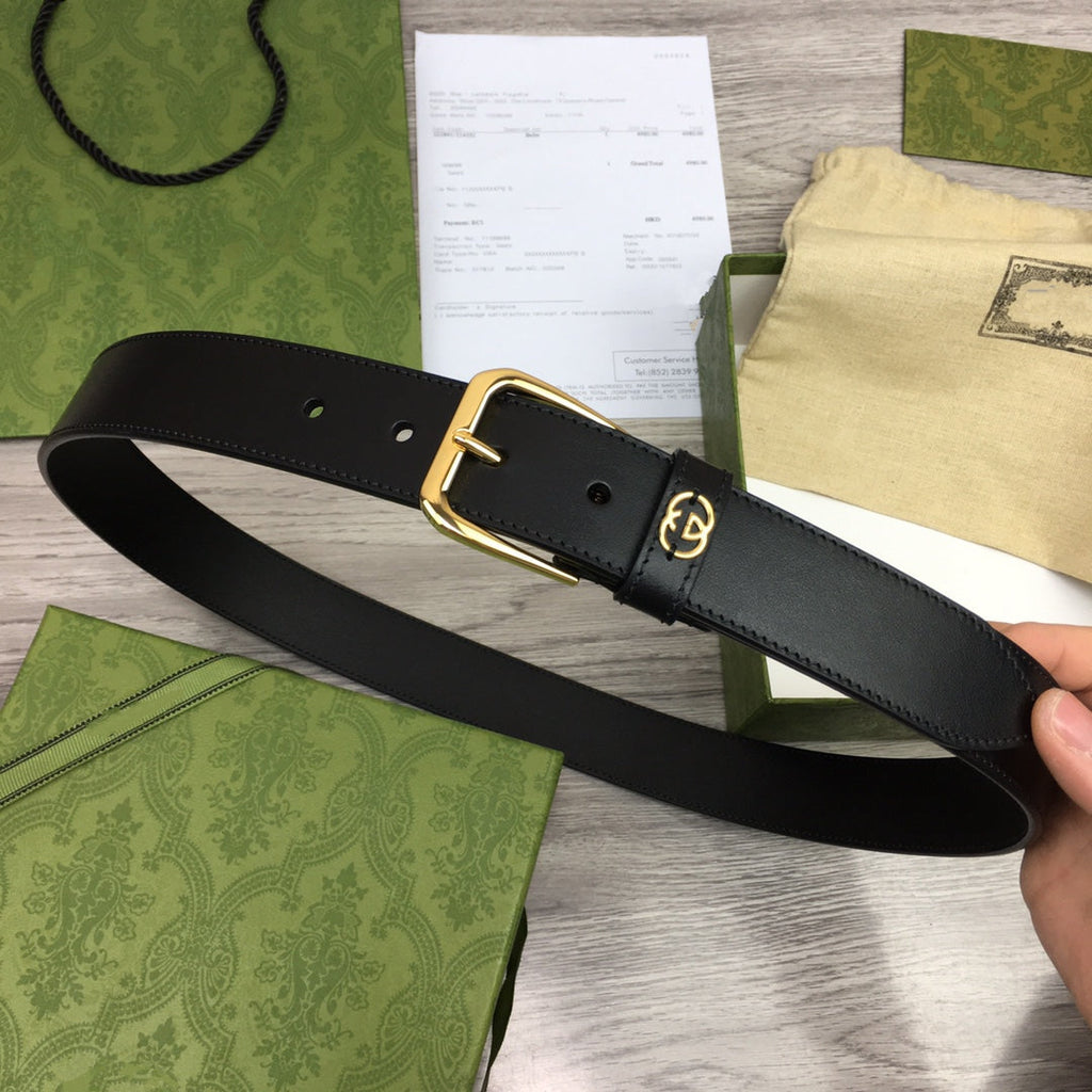 G BELT GOLD SQUARE  INSTALL  BUCKLE BLACK LEATHER 3.5CM