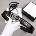G BELT SILVER BUCKLE CROCODILE POLISHED BLACK  3.8CM