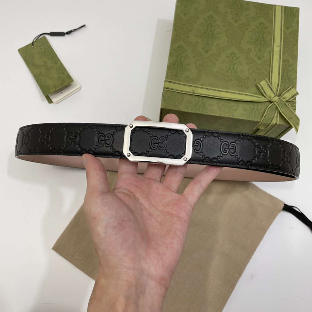 G BELT SILVER SQUARE BUCKLE BLACK LEATHER 3.5CM