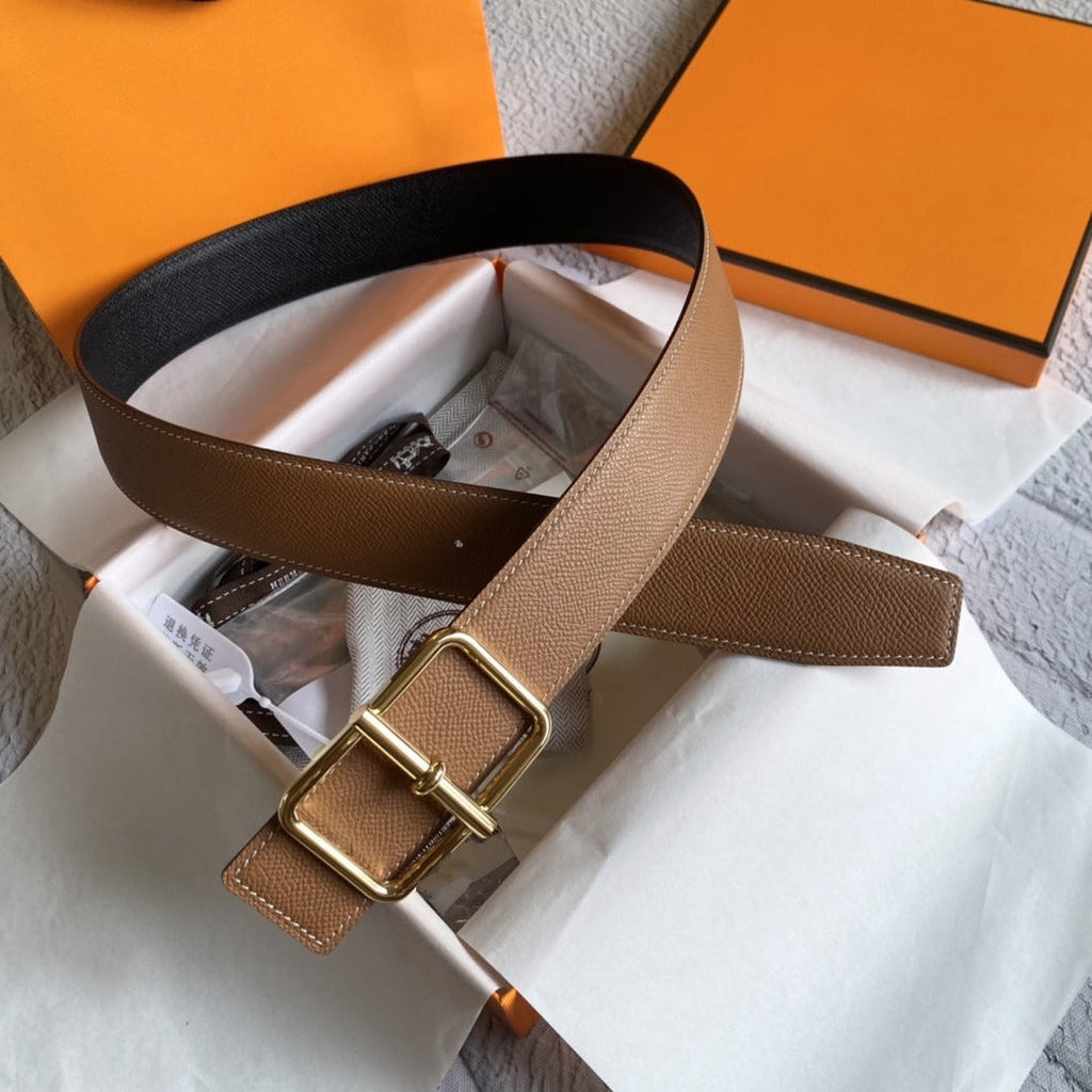 H BELT GOLD BUCKLE BROWN BLACK LEATHER RIVERSIBLE 3.8CM