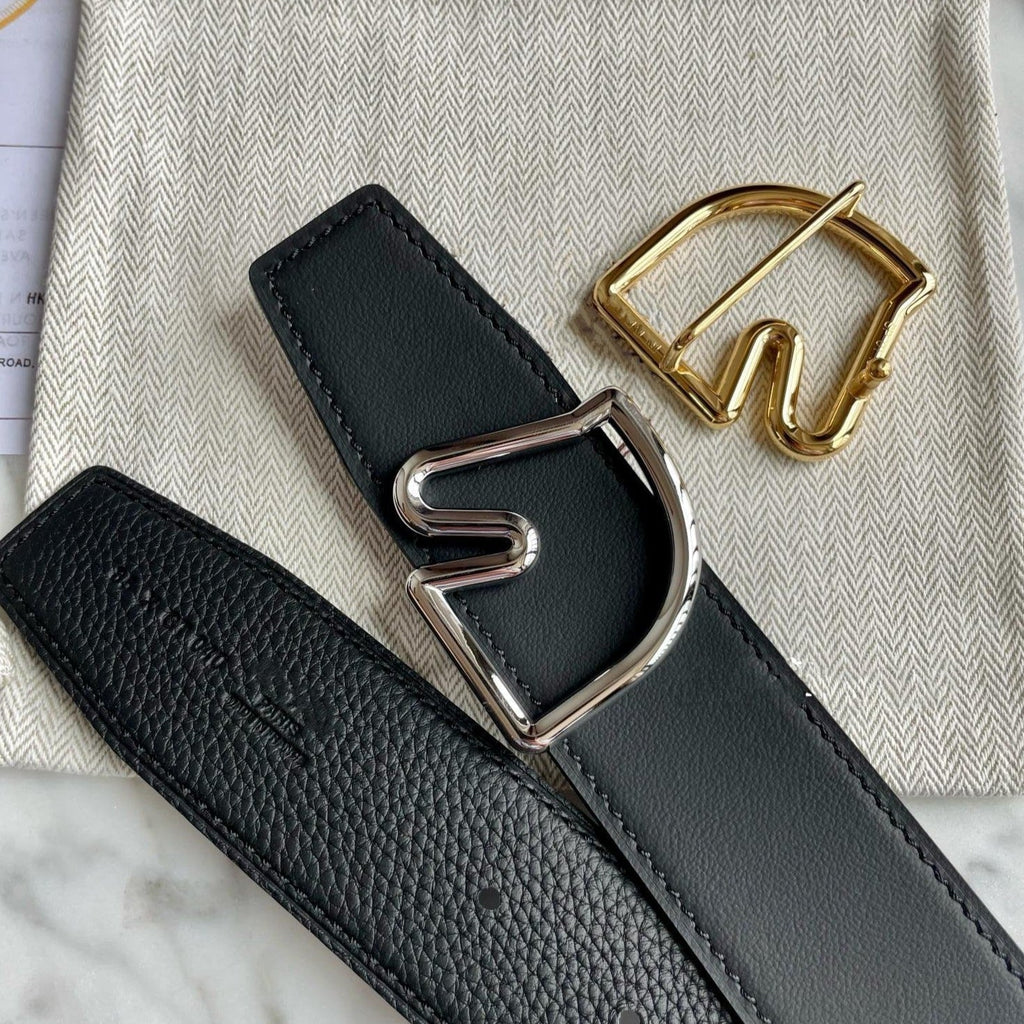 H BELT HORSE BUCKLE BLACK LEATHER REVERSIBLE  3.8CM