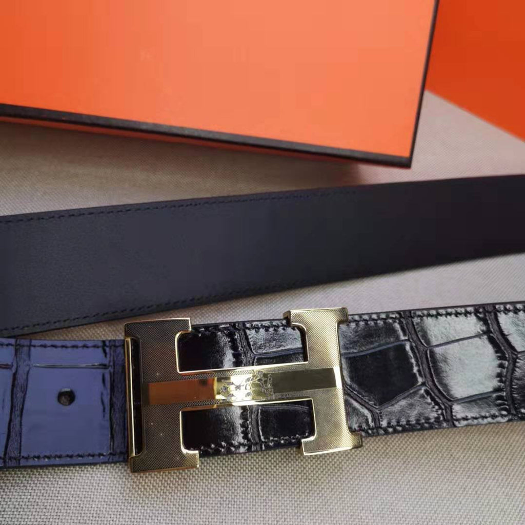 H BELT STEEL BUCKLE CROCODILE-PATTERNED BLACK LEATHER  40MM
