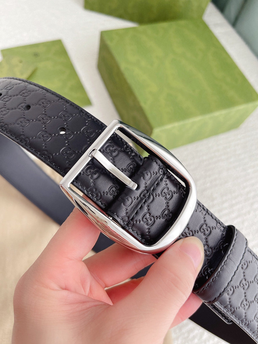 GC BELT SILVER BUCKLE IN GG SINK LEATHER 4.0CM