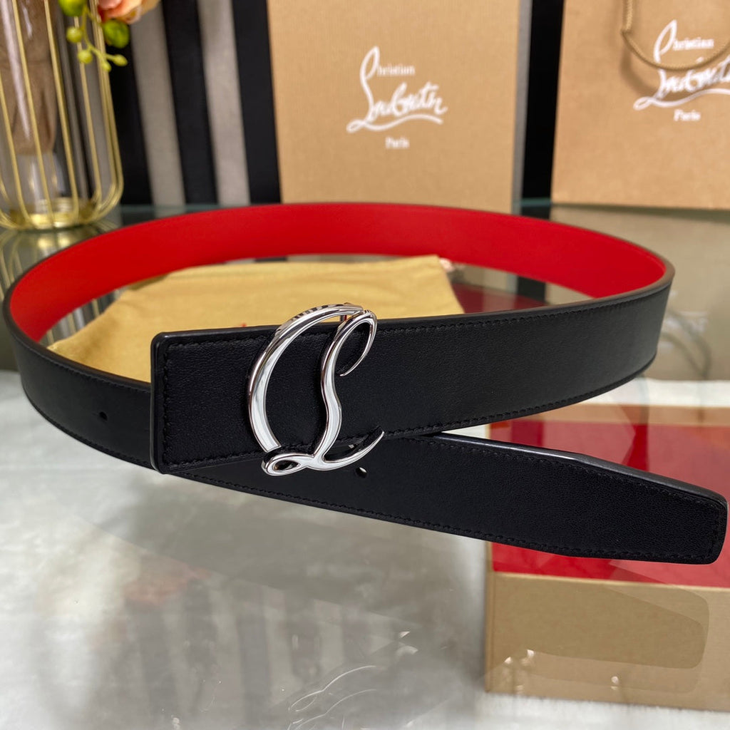 CL Logo Belt with Silver Buckle Black Red Cowhide