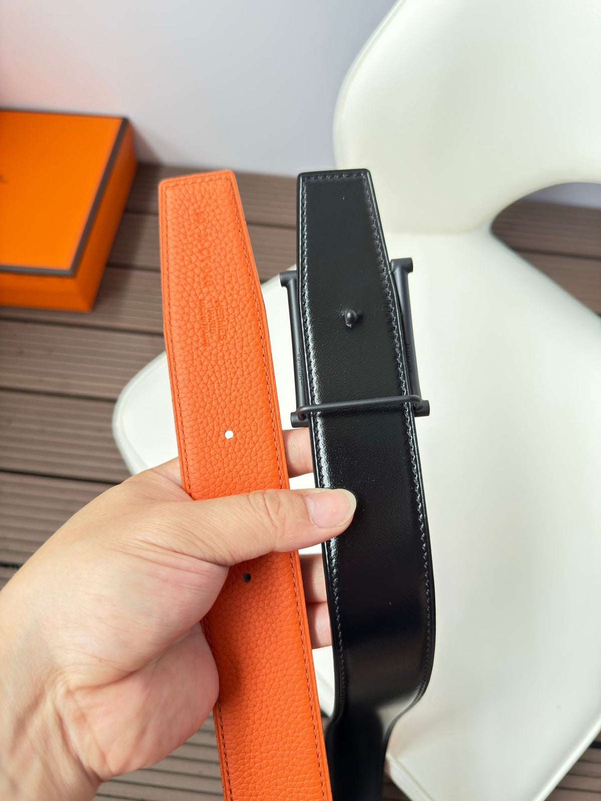 H JUMPING BELT 38MM BLACK BUCKLE & REVERSIBLE ORANGE AND BLACK LEATHER