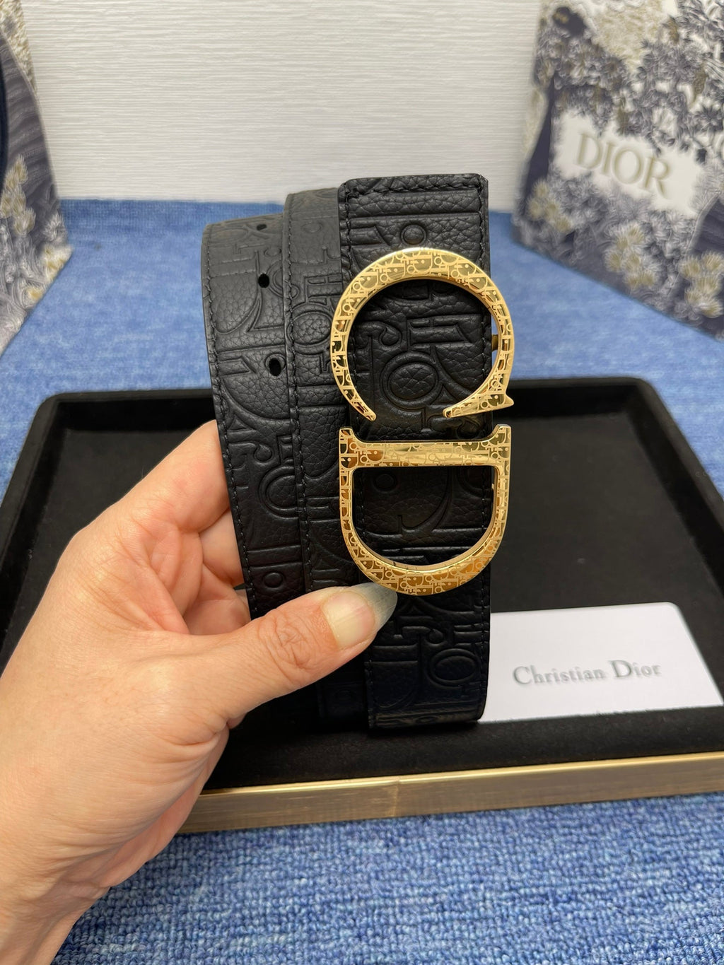 CD Belt 35mm Kumo Cannage Pattern Black Leather Gold Buckle