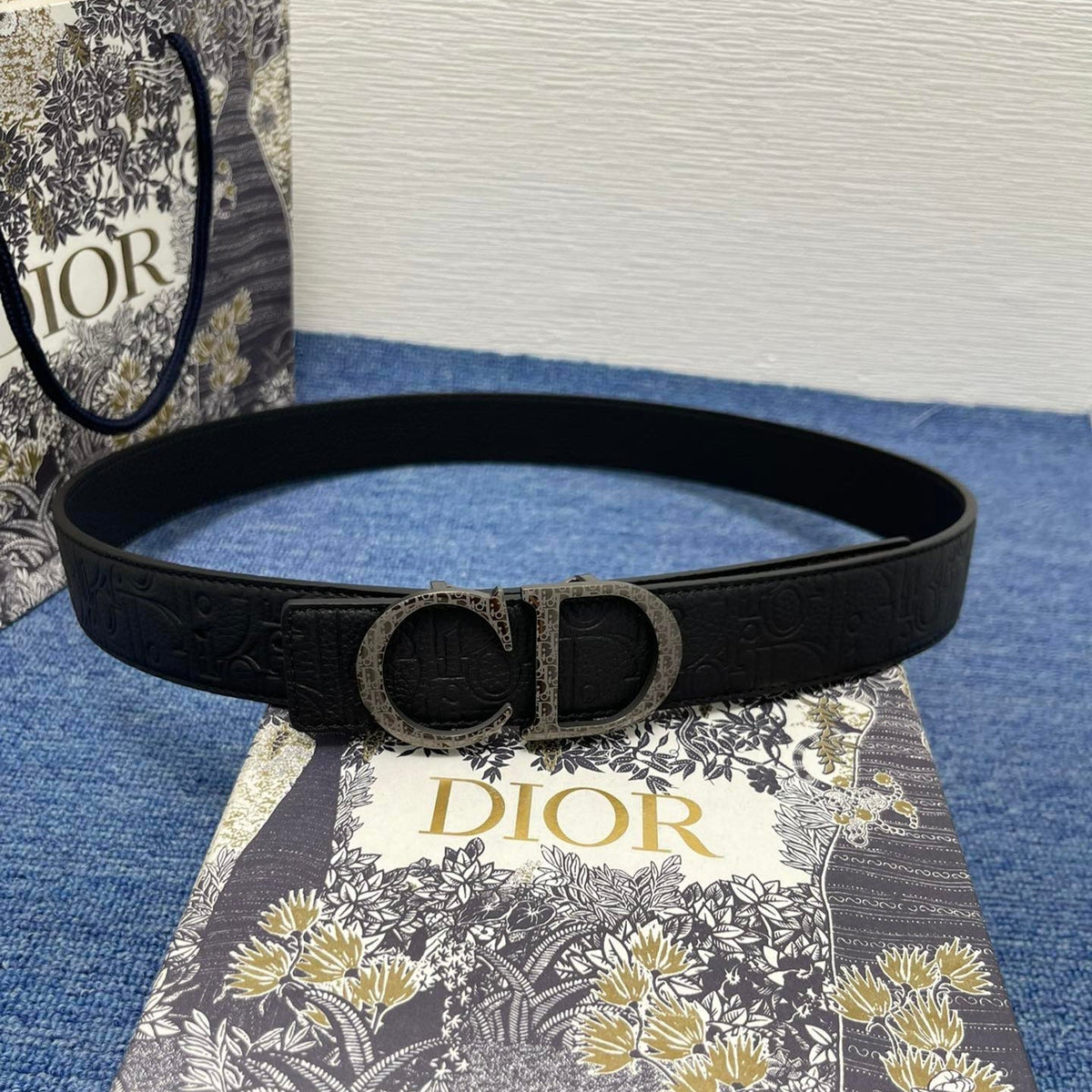 CD Belt 35mm Kumo Cannage Pattern Black Leather Bronze Buckle