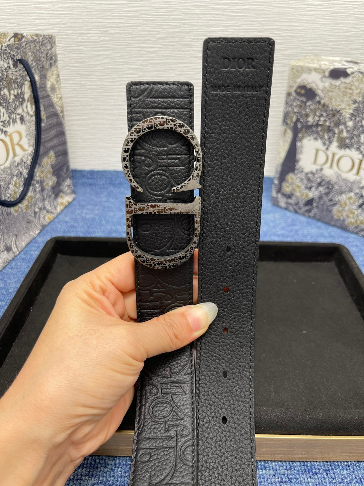 CD Belt 35mm Kumo Cannage Pattern Black Leather Bronze Buckle