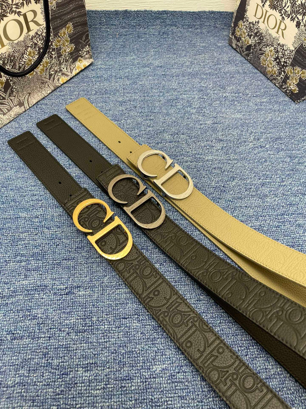 CD Belt 35mm Kumo Cannage Pattern Olive Green Leather Silver Buckle