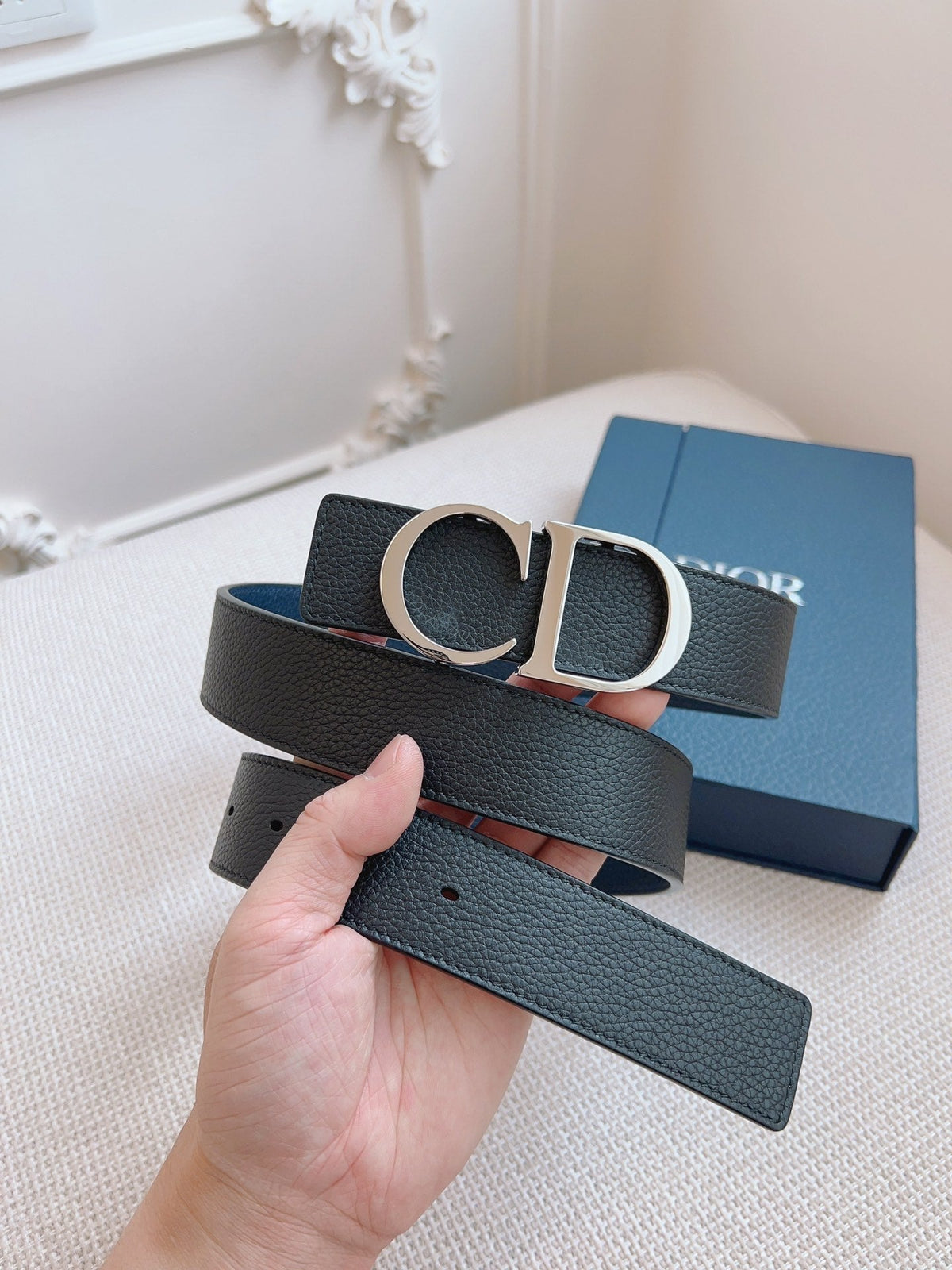 CD Belt 35mm Black Blue Leather Silver Logo Buckle