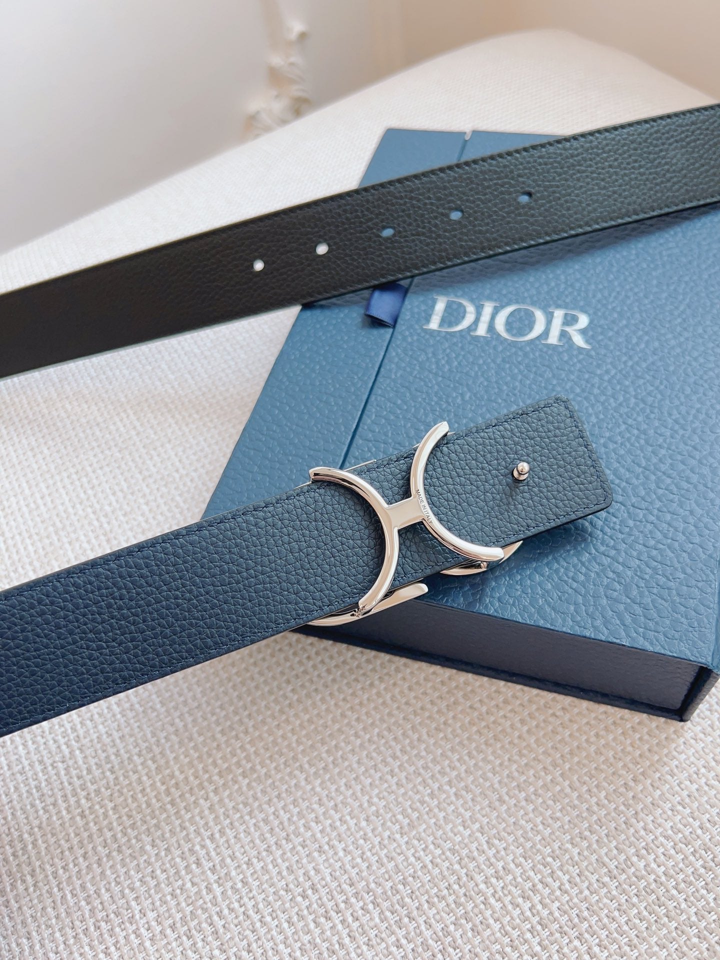 CD Belt 35mm Black Blue Leather Silver Logo Buckle