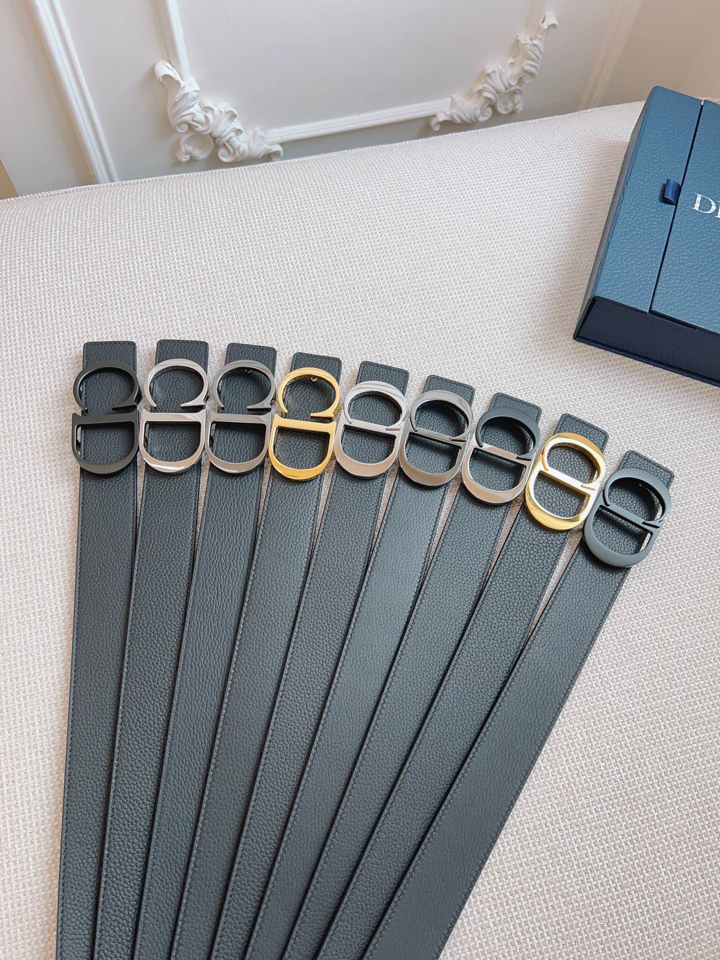 CD Belt 35mm Black Blue Leather Silver Logo Buckle
