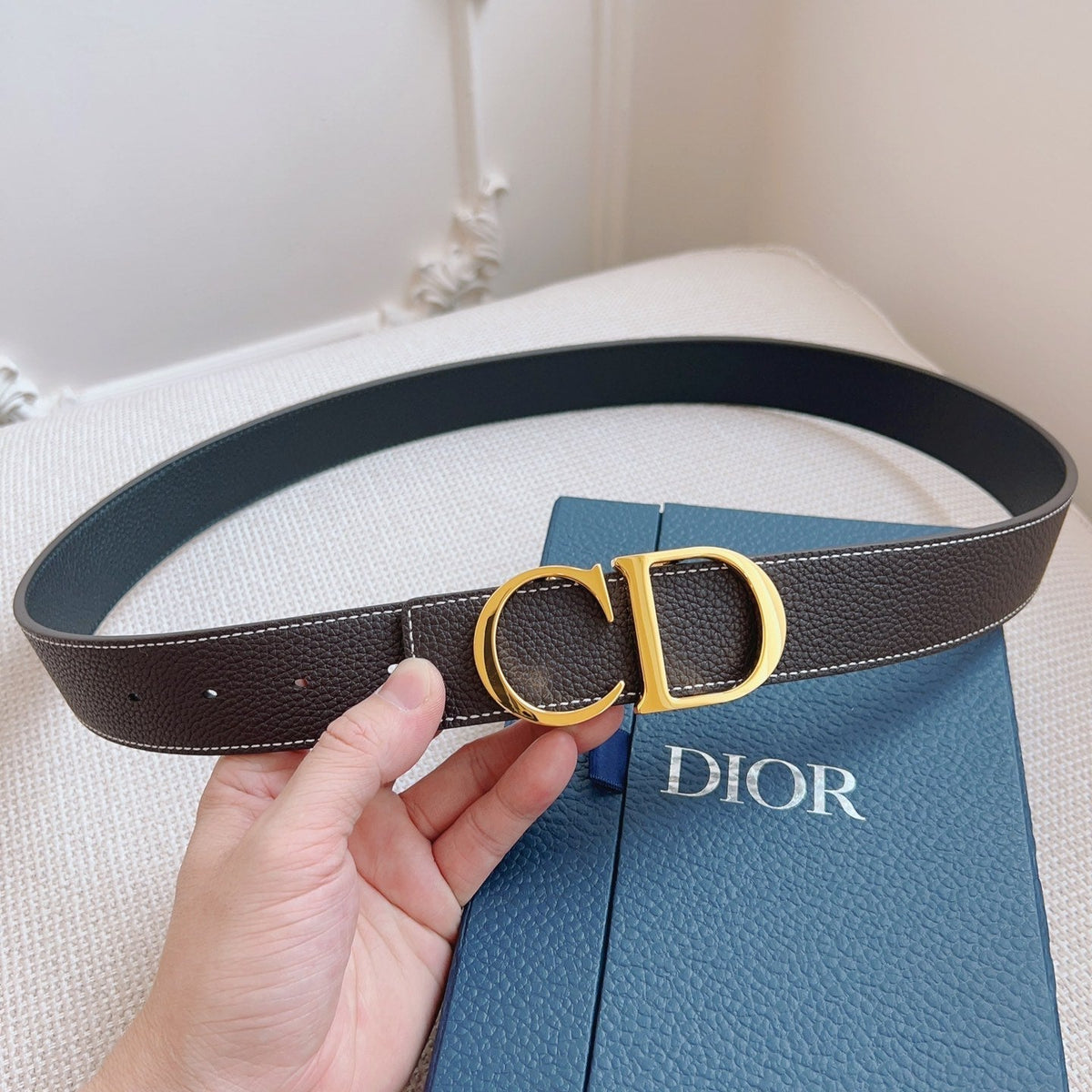 CD Belt 35mm Brown Black Leather Gold Buckle