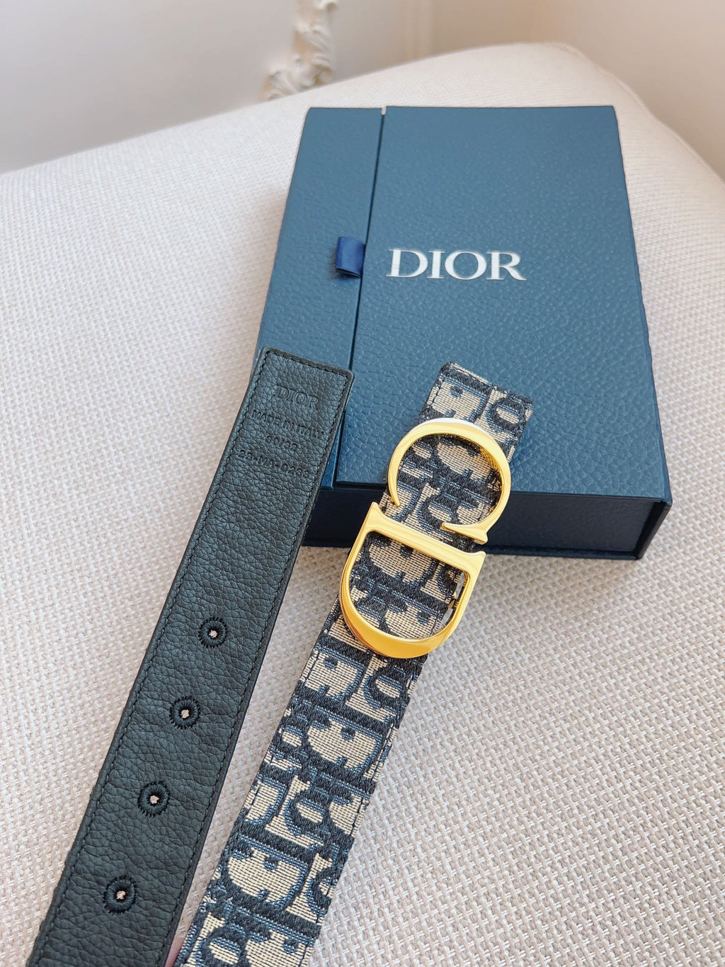 CD Belt 35mm Black Beige Canvas Black Calfskin Gold Buckle
