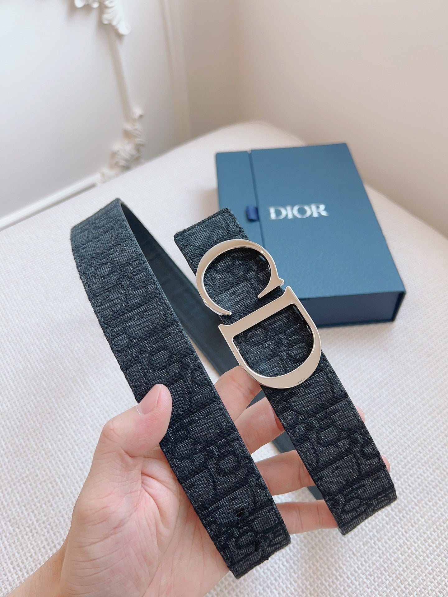 CD Belt 35mm Black Canvas Calfskin Silver Logo Buckle