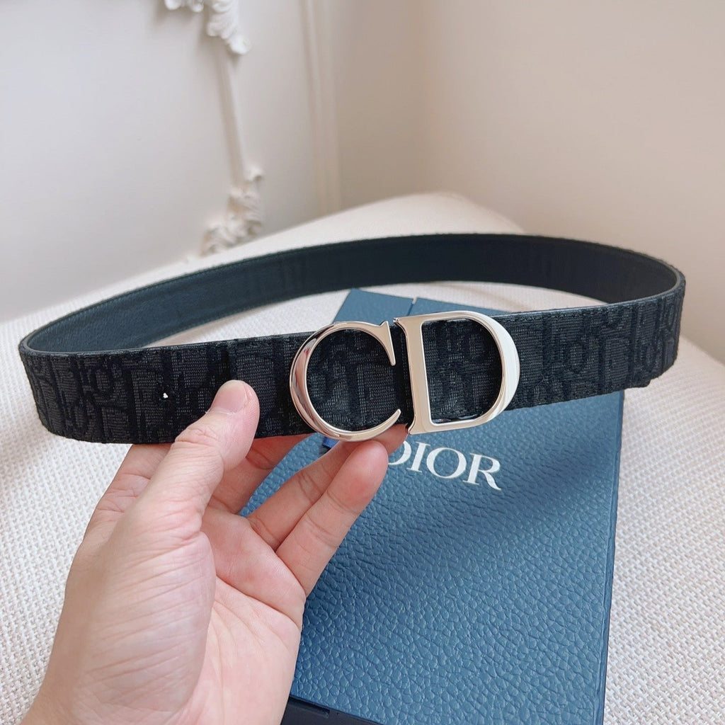 CD Belt 35mm Black Canvas Calfskin Silver Logo Buckle