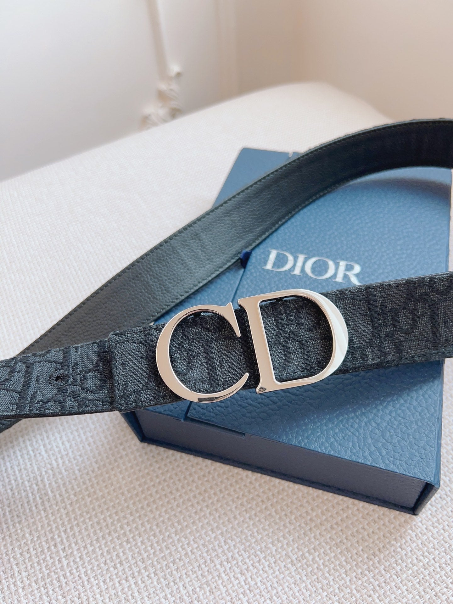 CD Belt 35mm Black Canvas Calfskin Silver Logo Buckle