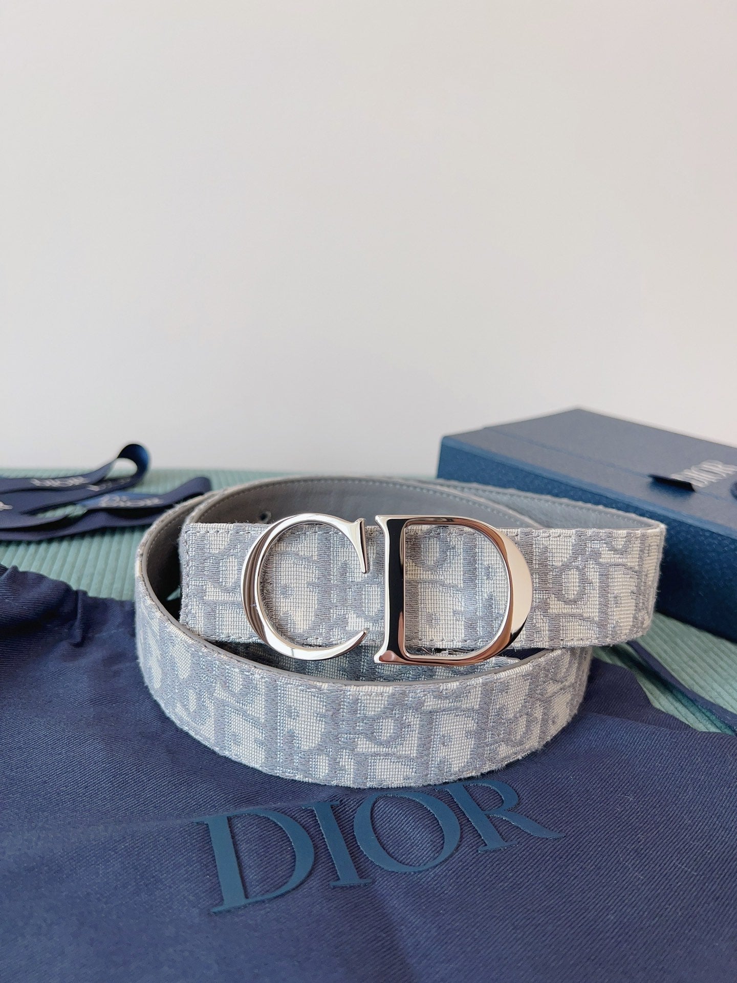 CD Belt 35mm Milkshake White Canvas Gray Calfskin Silver Buckle