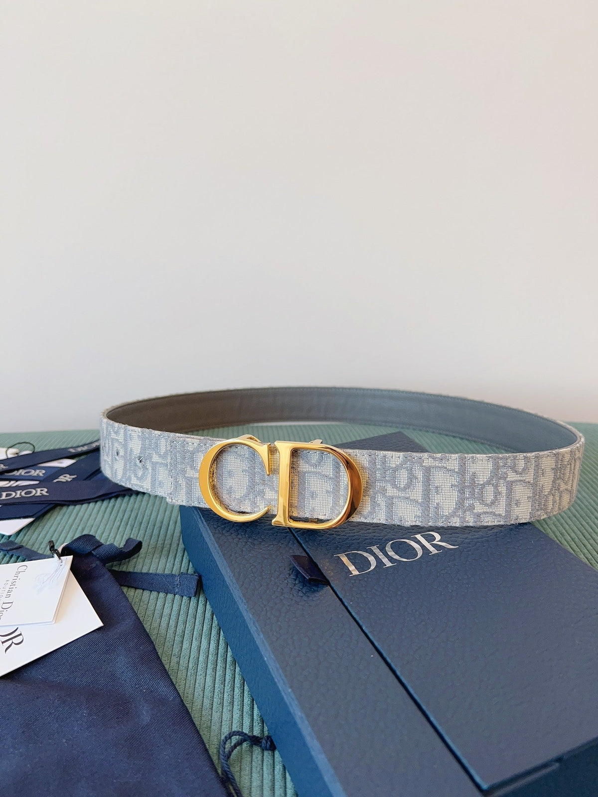 CD Belt 35mm Milkshake White Canvas Gray Calfskin Gold Buckle