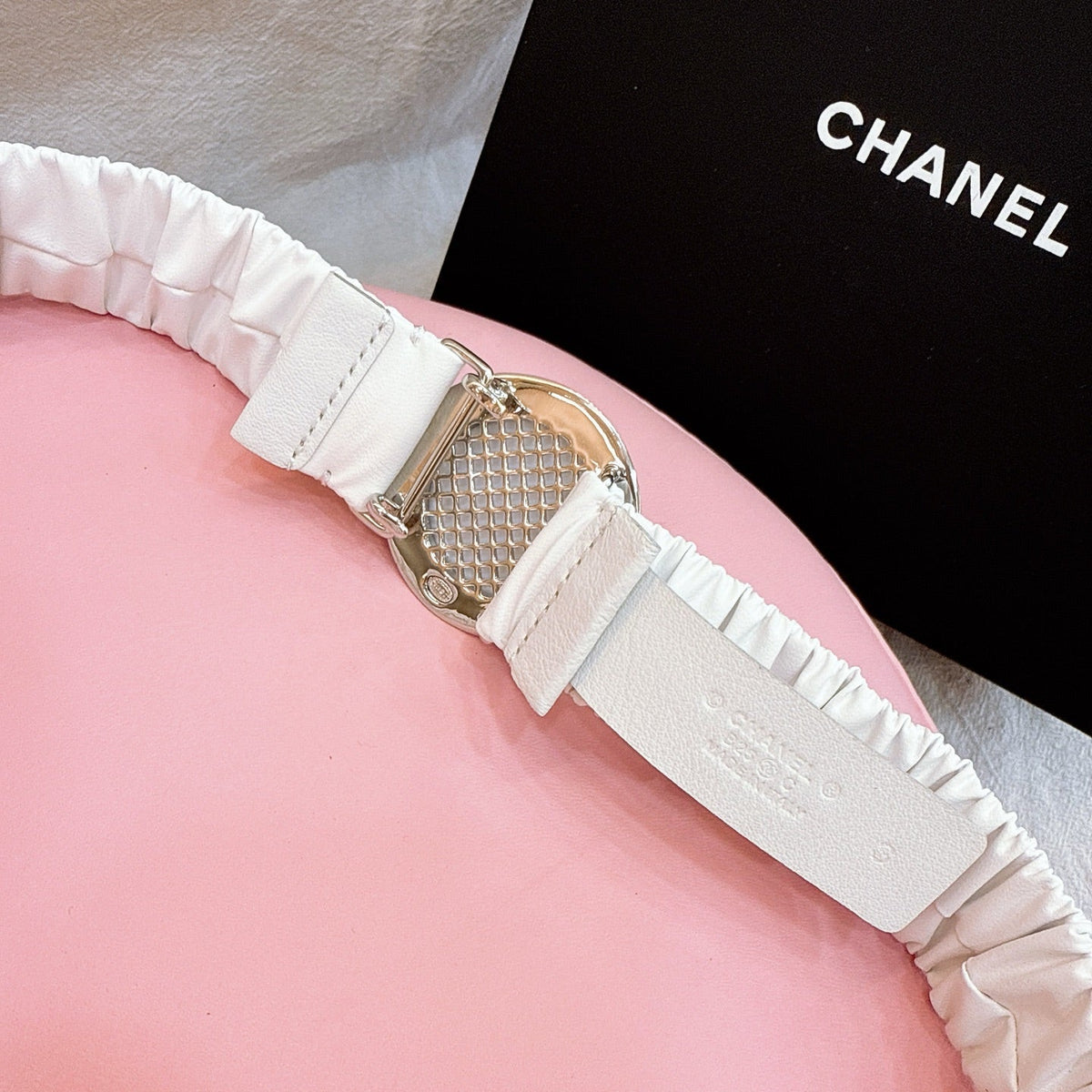 CC Stamp Buckle Women Belt 30mm Elastic White Cowhide 196841
