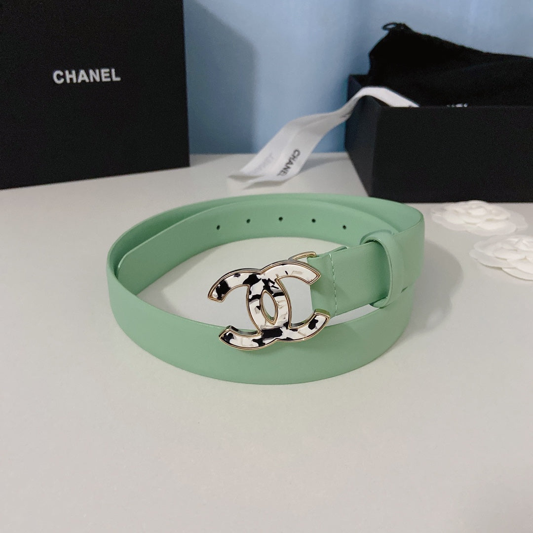 CC Women's Belt 3.0CM Light Green Cowhide White Black Buckle 597644