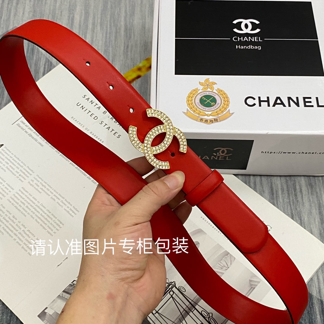 CC Women's Belt 3.0CM Red Cowhide Gold Buckle 586517