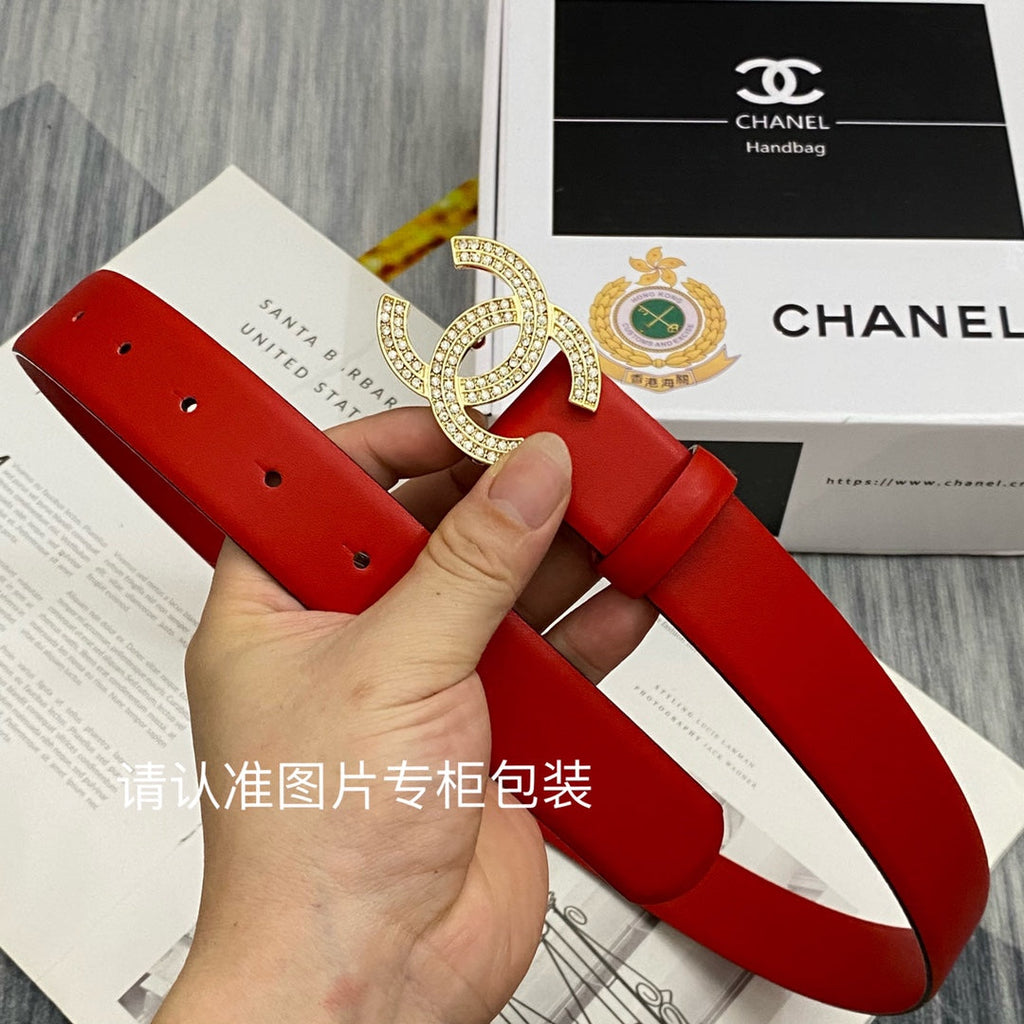CC Women's Belt 3.0CM Red Cowhide Gold Buckle 586517