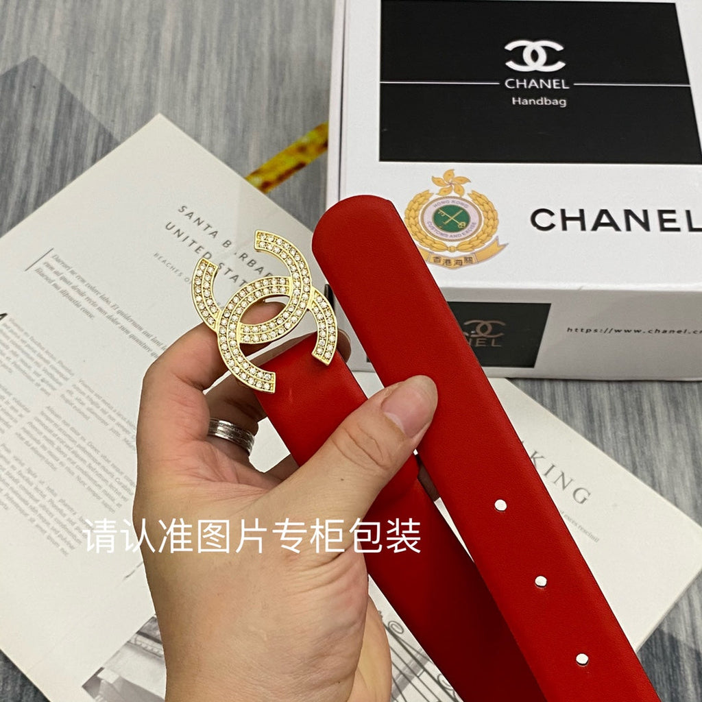 CC Women's Belt 3.0CM Red Cowhide Gold Buckle 586517