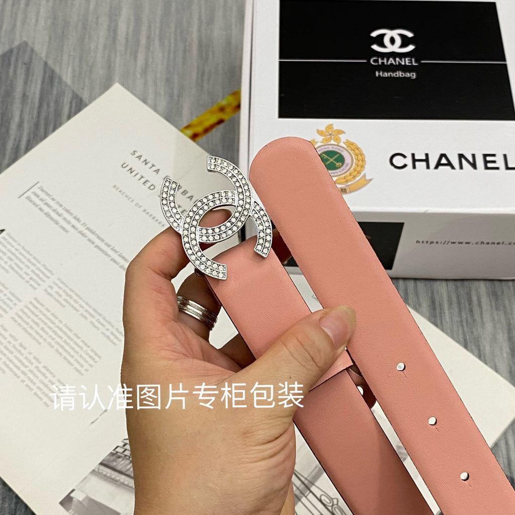 CC Women's Belt 3.0CM Pink Cowhide Sliver Diamond Buckle 586516