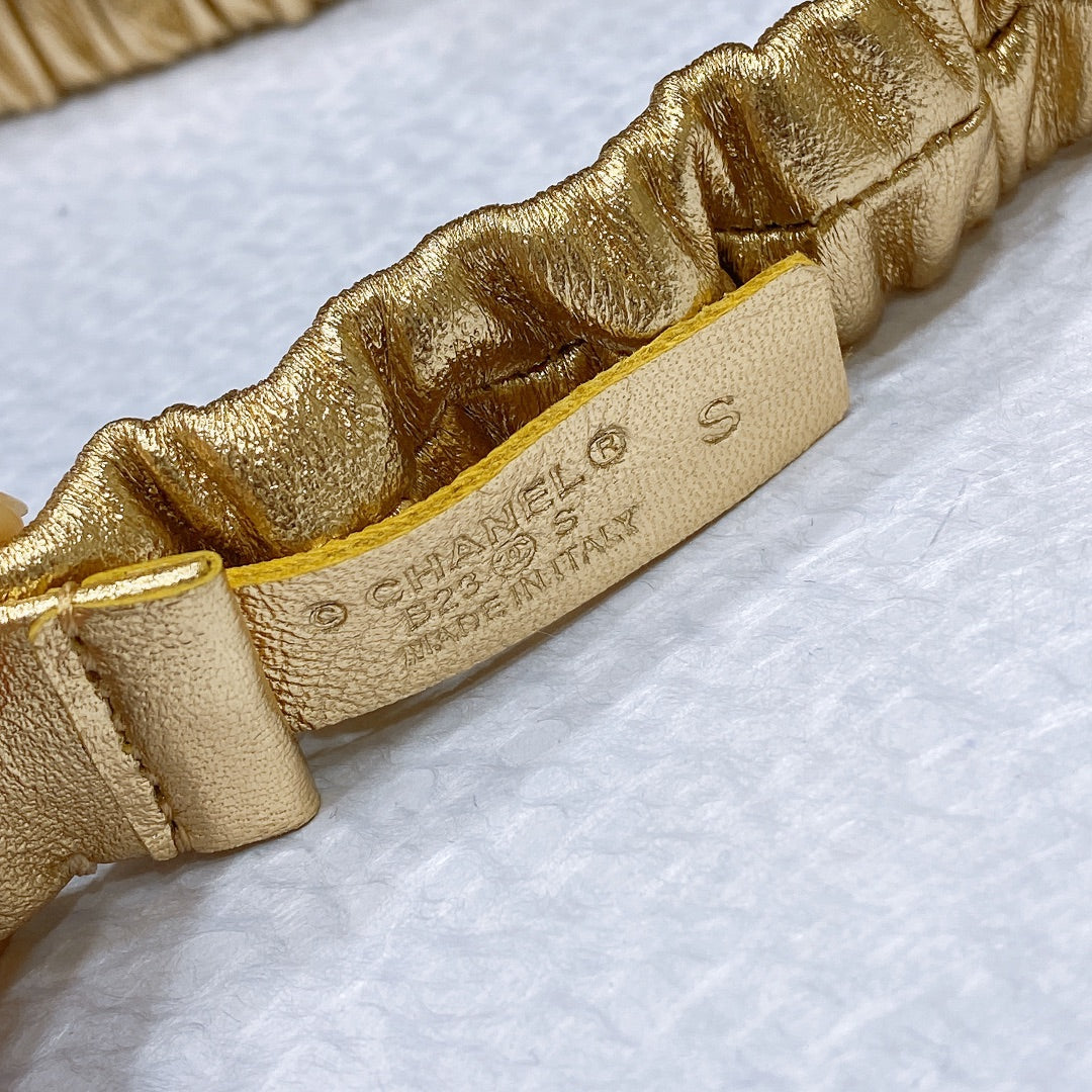 CC Women's Belt 3.0CM Gold Metallic Calfskin Gold Diamond Buckle 195972