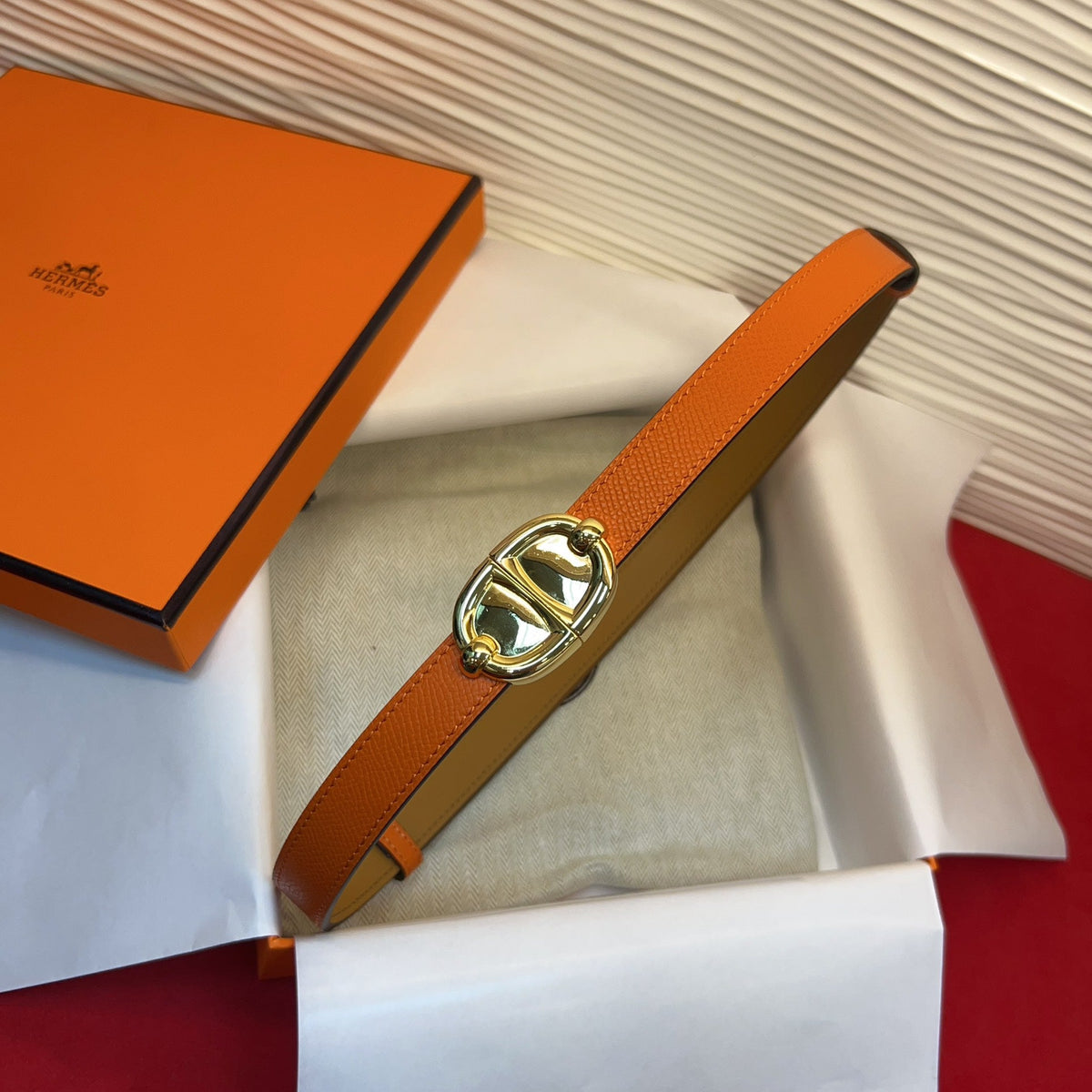 HM Chaine d'Ancre Belt 18MM Orange Epsom Calfskin SHW 212454