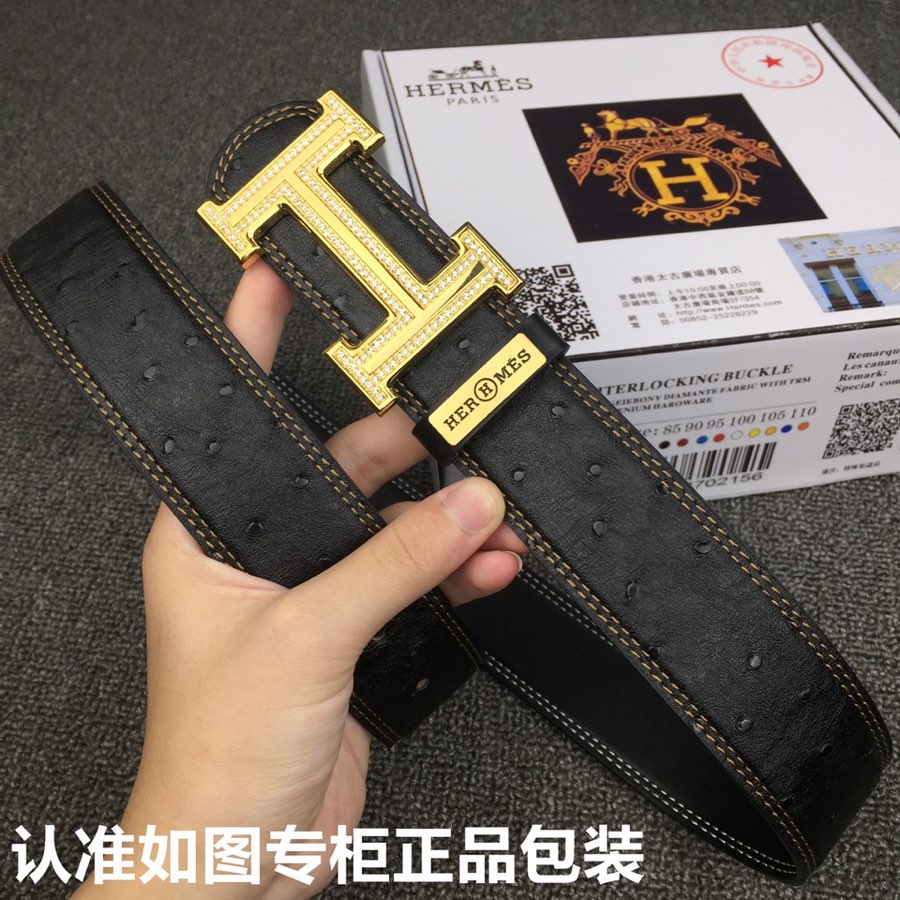 HM Belt 38mm Black Cowhide Leather Gold Diamond Buckle 619513