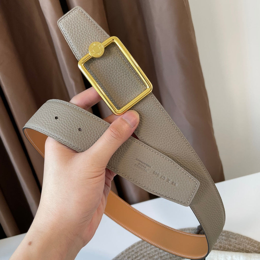 OSCAR BELT BUCKLE & REVERSIBLE KHAKI BROWN AND ORANGE LEATHER STRAP 38MM GOLD HARDWARE
