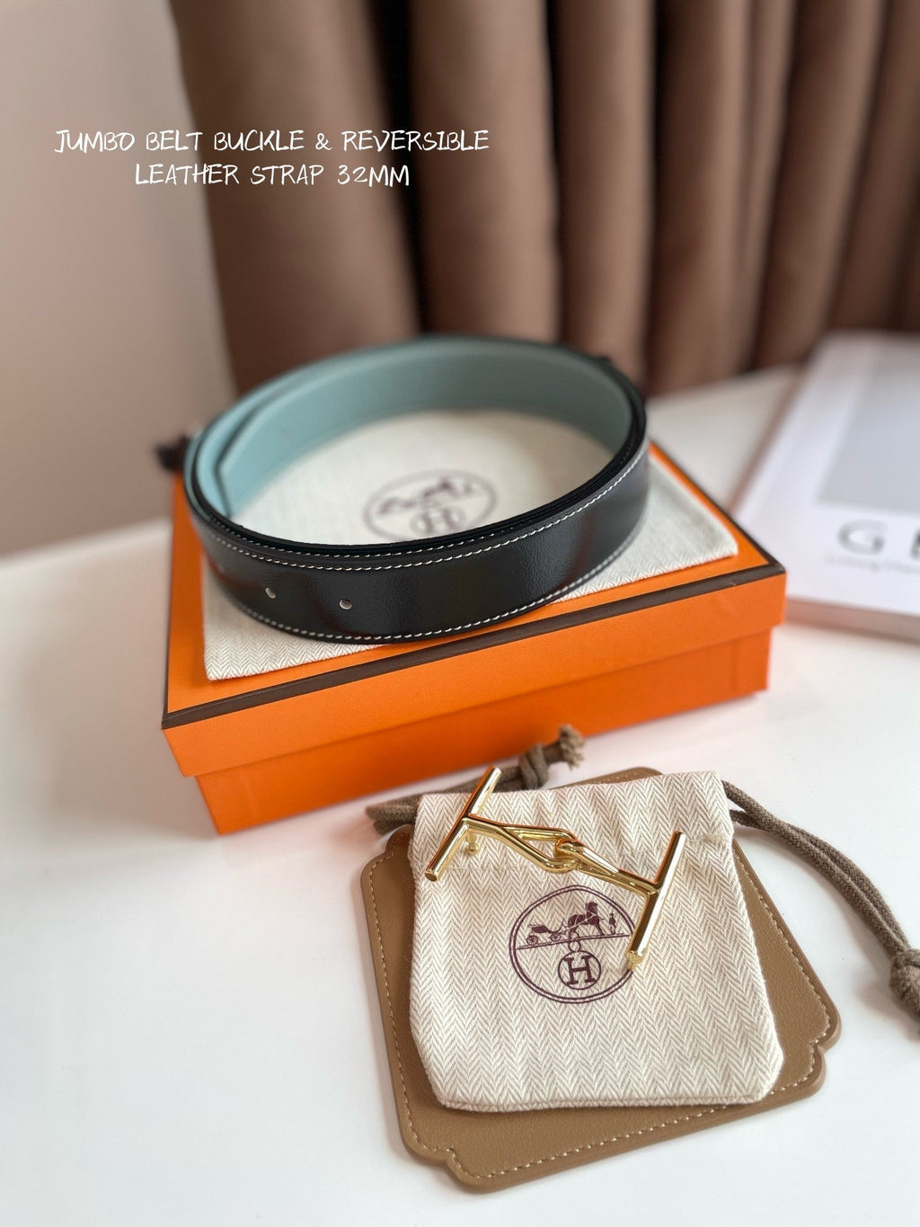 JUMBO BELT GOLD BUCKLE & REVERSIBLE ASH GREEN AND BLACK LEATHER STRAP 32MM