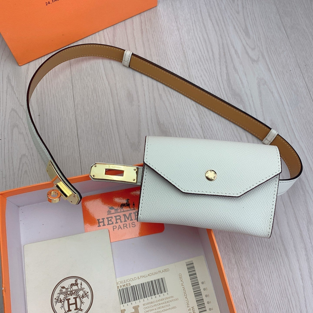 hm kelly belt 18mm with pocket white calfskin gold buckle