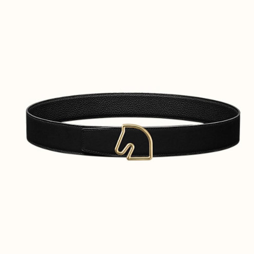 BOUCLE BELT BUCKLE & REVERSIBLE BLACK AND WHITE LEATHER STRAP 38MM GOLD HARDWARE