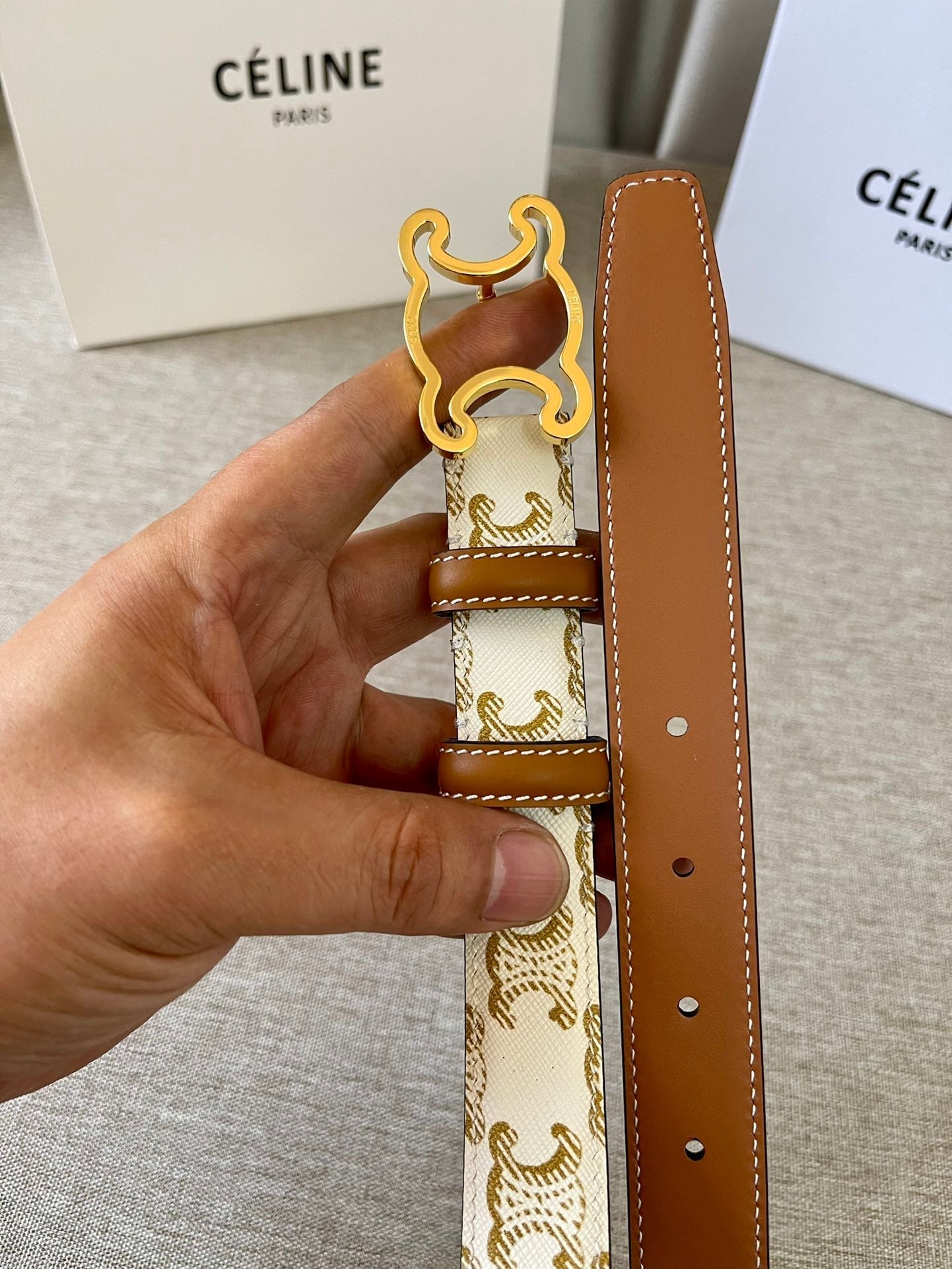 CL logo Cut-out Belt 25mm White Tan Triomphe Canvas Ghw