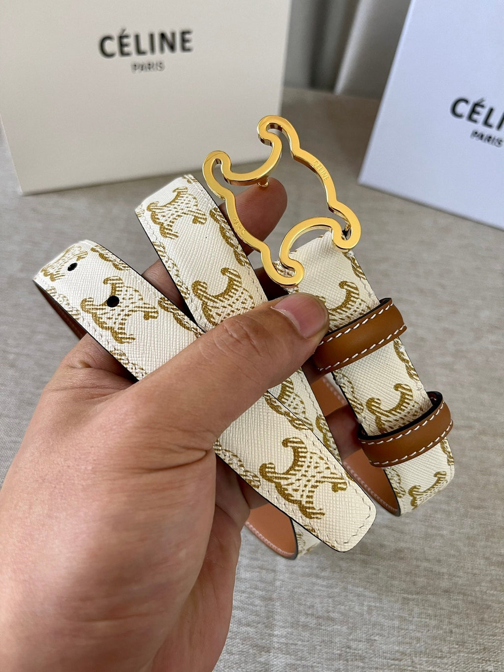 CL logo Cut-out Belt 25mm White Tan Triomphe Canvas Ghw