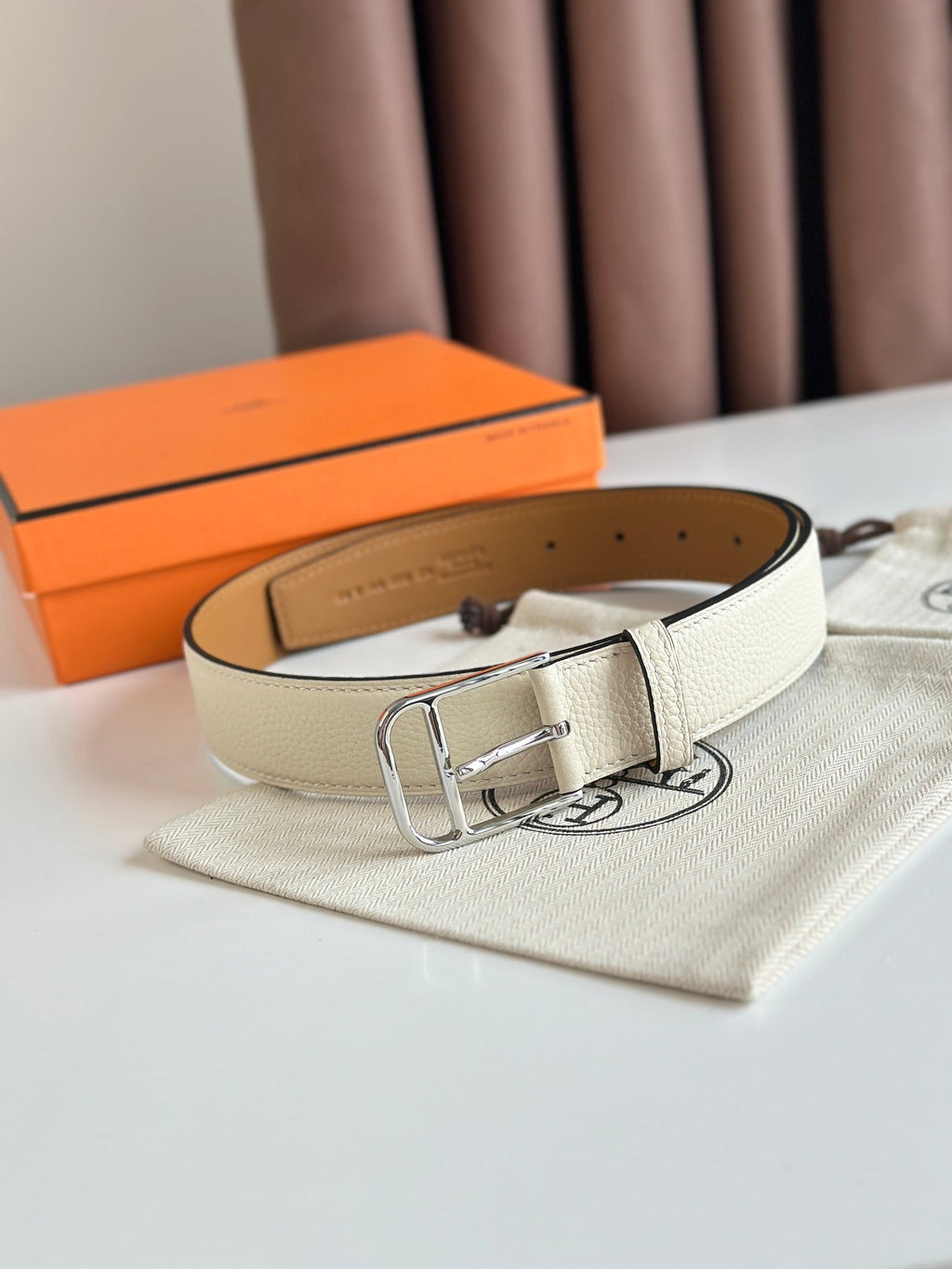HM ROMAIN 35MM BELT WHITE CREAM LEATHER SILVER HARDWARE