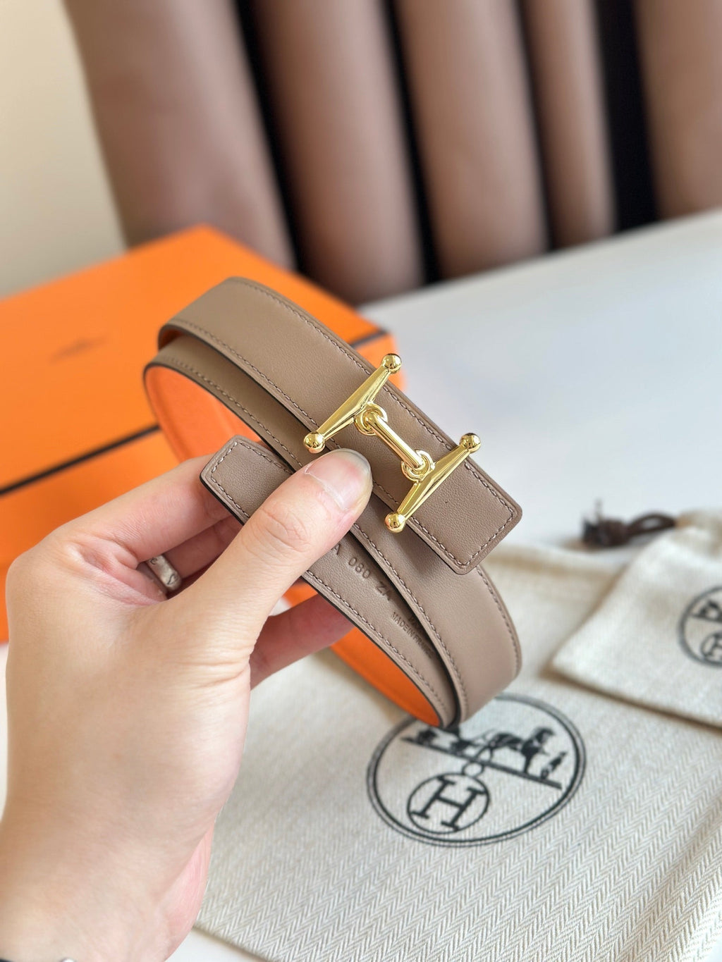 HM Gold Mors H buckle & Reversible 24 mm belt Orange Beige Leather 125355