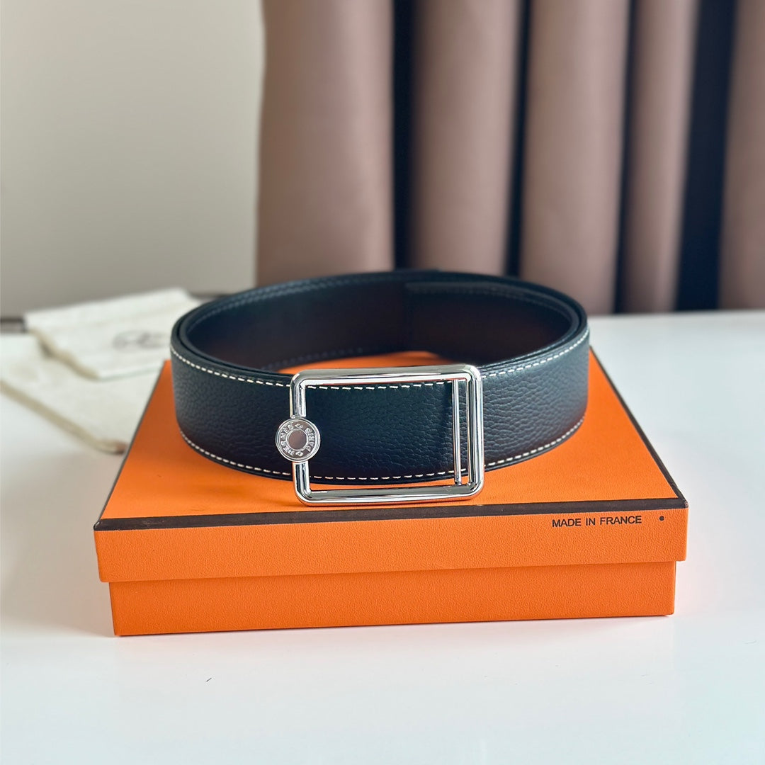 HM OSCAR BELT BUCKLE & REVERSIBLE BLACK LEATHER STRAP 38MM SILVER HARDWARE