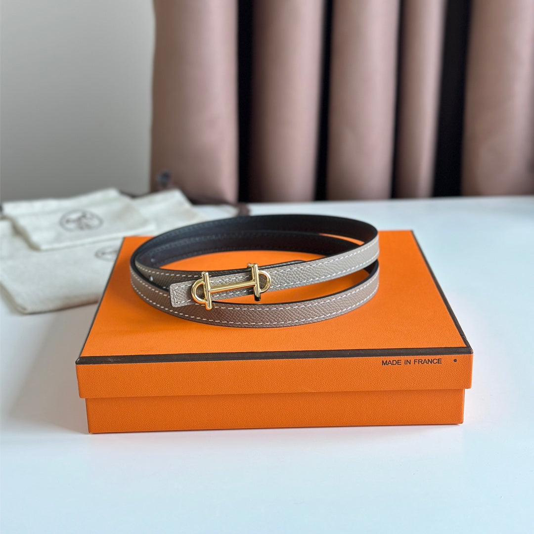 HM GAMMA BUCKLE & REVERSIBLE KHAKI BROWN AND BLACK LEATHER STRAP 13MM GOLD HARDWARE