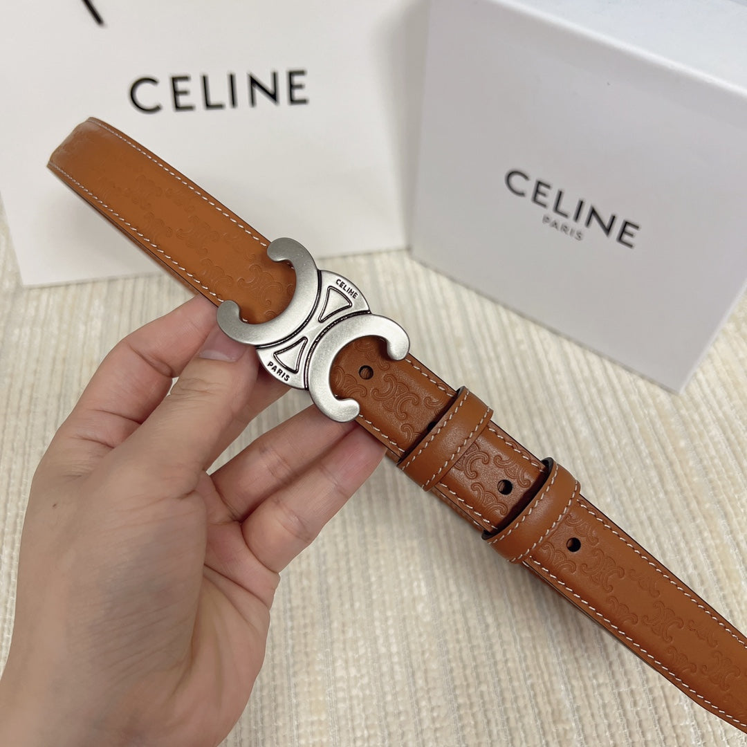 Medium Triomphe Belt 25mm Tan Calfskin White Line Finishing Silver Finishing