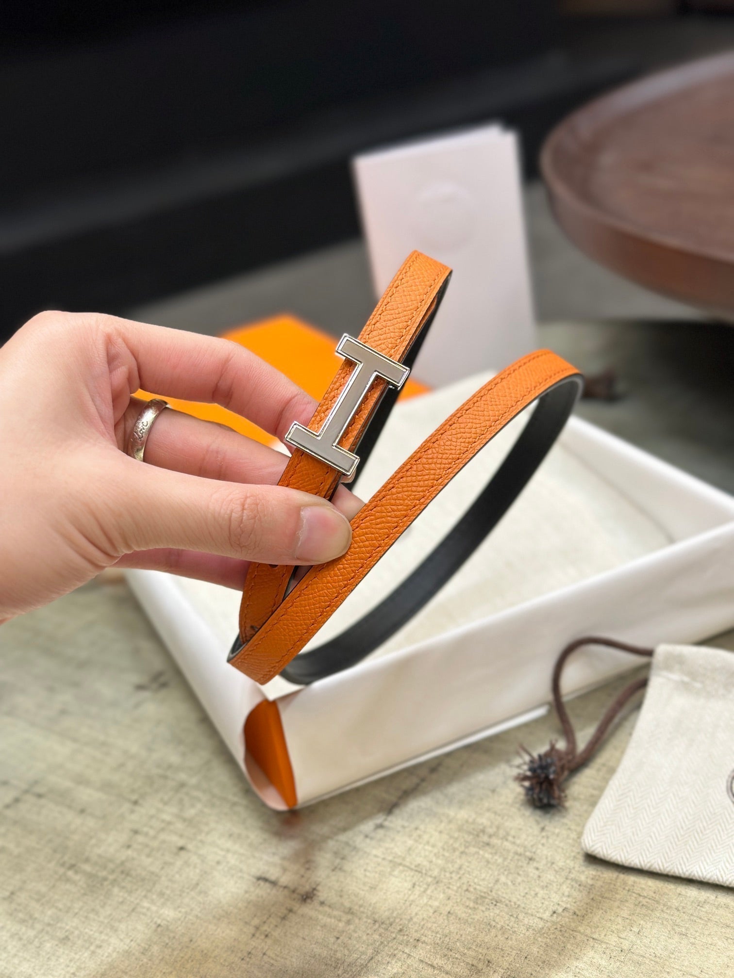 HM FOCUS BUCKLE & REVERSIBLE ORANGE AND BLACK LEATHER STRAP 13MM SILVER HARDWARE