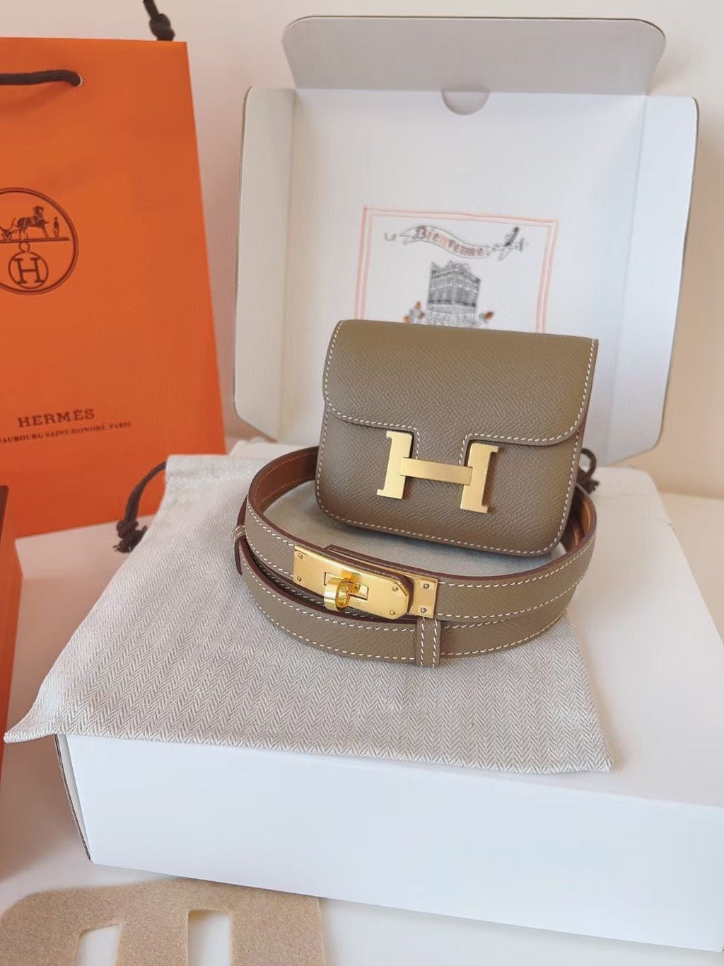 hm kelly belt 18mm with constance slim grey epsom gold hardware